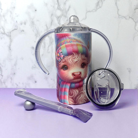 Winter Highland Cow 12oz Handled Sippy Tumbler Set | Cute Gift Cup