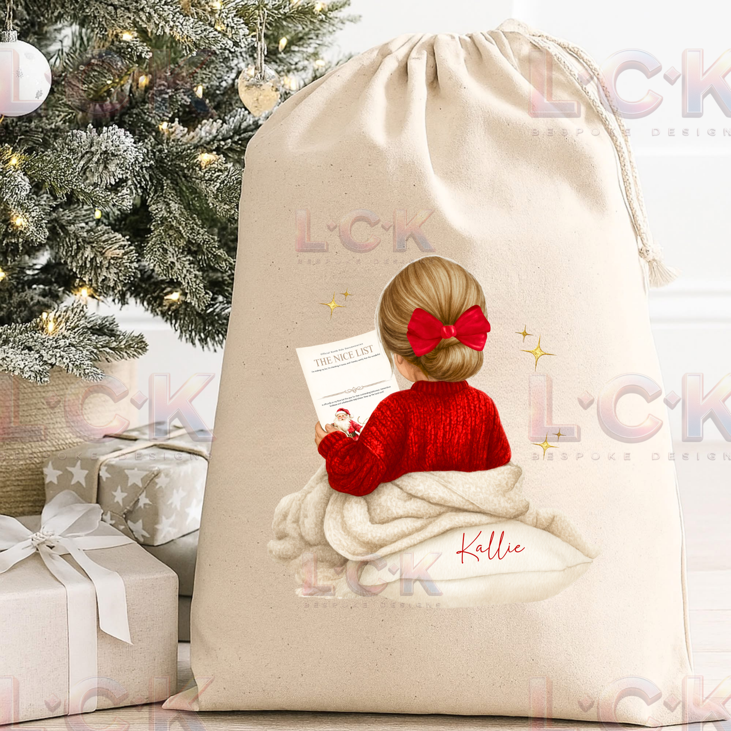 Personalised Christmas Canvas Santa Sack – Custom Name & Hair Colour - Girls