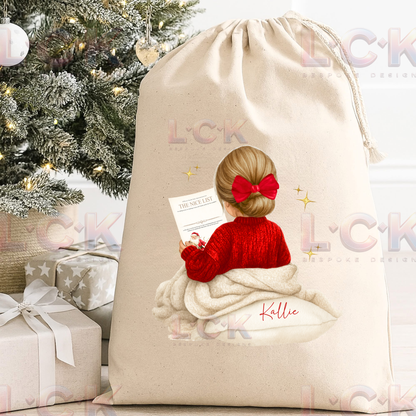 Personalised Christmas Canvas Santa Sack – Custom Name & Hair Colour - Girls