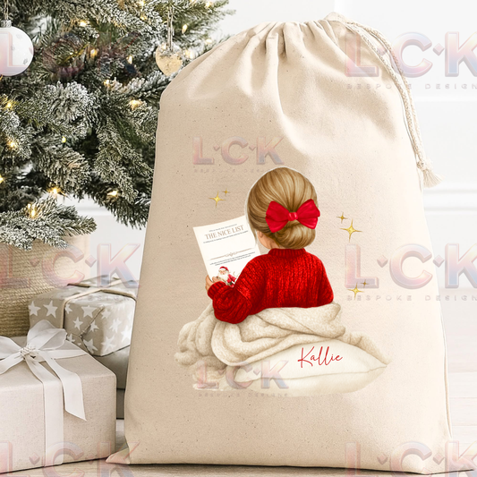 Personalised Christmas Canvas Santa Sack – Custom Name & Hair Colour - Girls